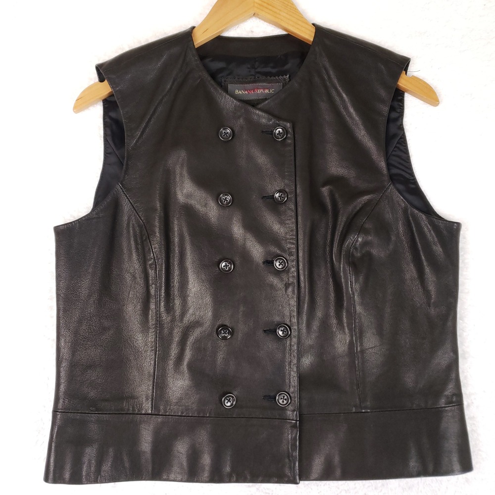 Banana Republic Women 12 Genuine Leather Vest Double Breasted Black Tailored 90s